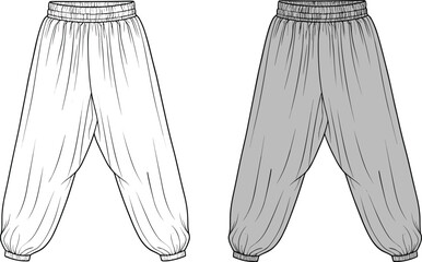 Jogger pants technical flat sketch, fashion apparel vector template, elastic waistband trousers, casual sportswear design, CAD drawing flat vector illustration