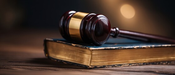 The Gavel Resting on an Aged Law Book on a Wooden Table