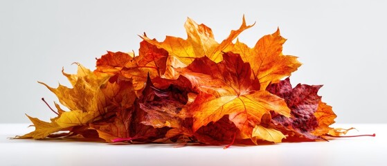 The Maple Leaves Pile in Bright Autumn Colors on a White Background