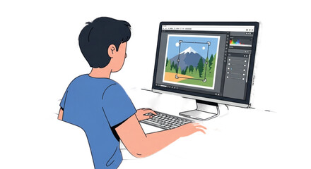 Young man working on a computer editing a landscape image.