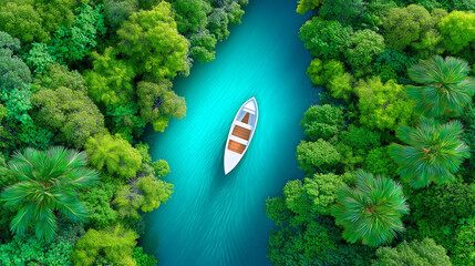 view of a pristine tropical waterway or lagoon. ,lush green foliage and the vibrant blue water,brilliant, glowing turquoise,small, white motorboat.	