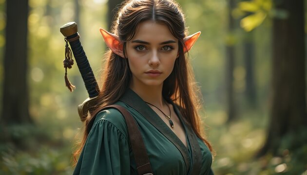 Female elf portrait in forest. Young girl with pointy ears wears cosplay costume, carries sword. Fantasy female character stands outdoors in wood among trees. Attractive brown haired woman looks