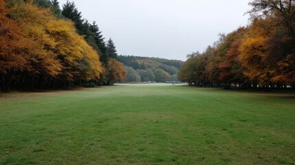 Obraz premium Scenic view of a peaceful green field bordered by autumn trees in a tranquil natural setting