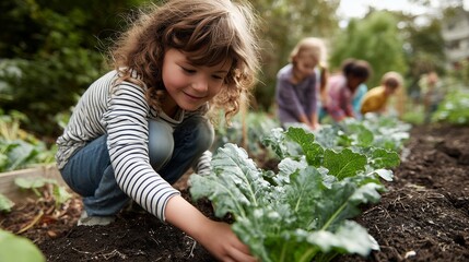 Curly-haired girl tending kale plants in garden with other kids, touching soil. Concept for healthy eating promotion, environmental awareness projects and outdoor education programs