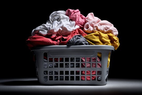 Overstuffed laundry basket with colorful clothes on black background in studio shot. Concept for household chores, washing clothes and textile industry advertisement
