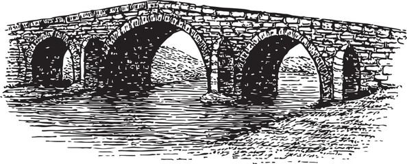 Naklejka premium Vintage Black and White Vector Illustration of a Medieval Bridge with Stone Arches in Engraved Line Art Style
