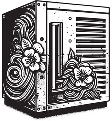 Unique black and white illustration of a computer tower with floral designs and intricate details
