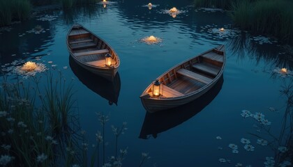 Obraz premium Wooden rowboats float on dark water at night. Lanterns glow on boats, surrounded by floating flowers and reeds. Peaceful, serene atmosphere with calm reflections.