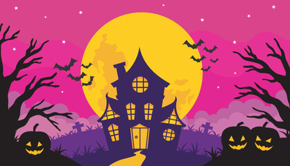 Abandoned haunted house with bare trees, fog, and bats. Halloween scene at night with full moon