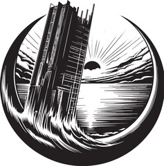 Monochrome Artistic Illustration of a Tower Emerging from Water with a Sunrise in the Background