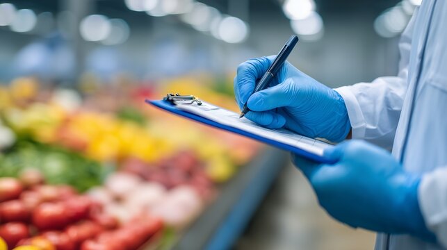 Close-up of gloved hands writing on a clipboard with a pen in front of fruits and vegetables. Concept for quality control inspection, inventory management and safety compliance