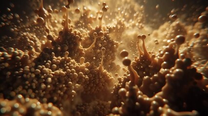 Abstract microscopic view of bubbling brown liquid with suspended particles and droplets creating intricate patterns - Powered by Adobe
