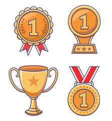 Illustration of various award trophies for the best champions such as medal, badge, emblem, cup, goblet