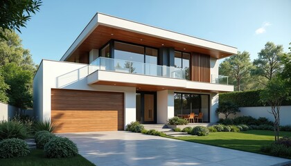 New two-story house features white walls, warm wood accents, big windows. Well-kept landscaped garden, green lawn, concrete driveway lead to main entrance. Modern building sits under clear blue sky,