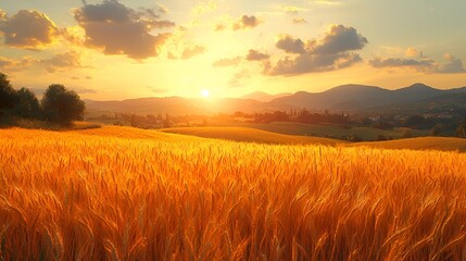 Obraz premium Golden wheat field at sunset, rolling hills and mountains in background.