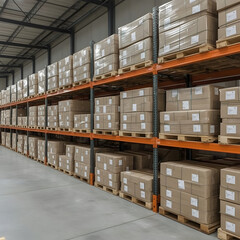 Warehouse of Commerce: Rows of neatly stacked cardboard boxes sit on a shelving system, showcasing efficient storage and organization. The scene depicts the essence of distribution and fulfillment.