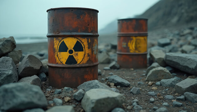 Rusty radioactive waste barrels sit on rocky shore near ocean. Danger symbols are visible on containers, indicating hazardous materials. Scene suggests environmental contamination and risk. - Powered by Adobe