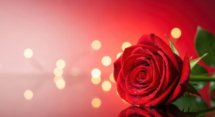Closeup of a red rose with water drops on a red background