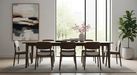 Modern and Bright Dining Room Interior with Wooden Furniture, Abstract Art, and Large software Overlooking Greenery and Cityscape