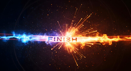 Dramatic Finish Line with Blue and Orange Energy Fields, Electrifying Race Conclusion with Vivid Light Show