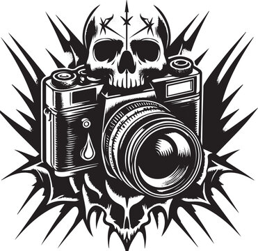 Unique Artistic Illustration Featuring a Skull, Camera, and Abstract Design in Black and White