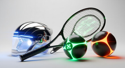 Futuristic tennis gear: A chrome helmet, glowing tennis balls, and a hi-tech racket , Future of sports equipment: Sleek tennis helmet, racket and glowing balls for a new gaming experience