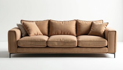 Fototapeta premium Modern three seat sofa with plush cushions in brown. Contemporary couch offers comfortable seating for stylish living room space. Clean lines, minimalist form, neutral tones, perfect for home decor