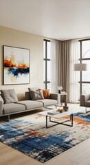 Spacious and Bright Modern Living Room with Abstract Art, Gray Sectional Sofa, Colorful Area Rug, and Large software, featuring Elegant Contemporary Furniture and Stylish Decor.
