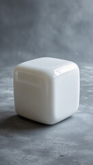 A pristine white cube rests on a textured gray concrete surface casting a subtle shadow