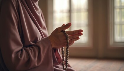 Muslim woman in mauve niqab prays using prayer beads. Devout female practices faith, seeking spiritual connection, calm reflection. Hands hold rosary for meditation.