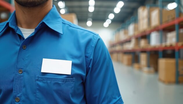 Man in blue uniform shirt with blank name tag stands in warehouse. Rows of shelves with boxes are visible in background. Pro employee in logistics industry.