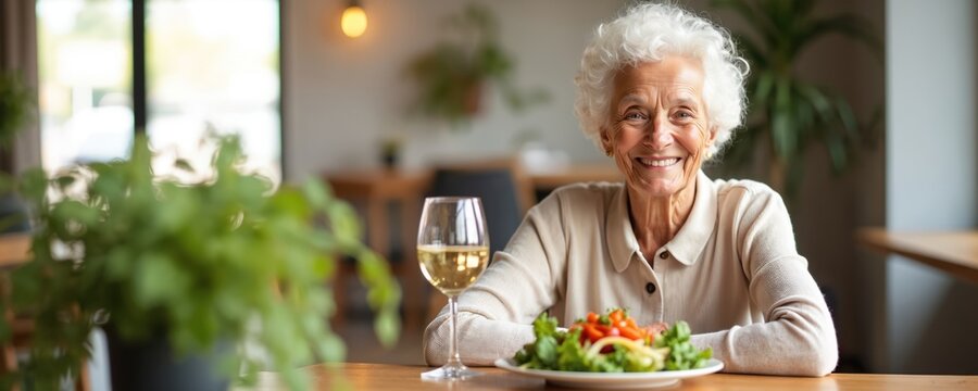 Smiling elderly woman sits at table with fresh salad and white wine. Happy senior enjoys healthy meal indoors in warm light. Portrait of contented aged female at home. - Powered by Adobe