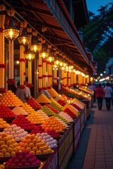 Vibrant Indian sweets (laddu) displayed at a bustling Deepavali night market stall with warm festive lights.
