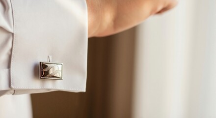 Man adjusting a silver cufflink on a white formal shirt cuff. Groom getting ready for a wedding or business event. Men's fashion accessory detail with copy space