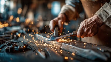 Forging metal artisan blacksmithing in workshop crafting tools warm ambiance close-up view skilled technique