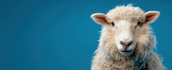 Fototapeta premium The Charming Sheep Posing Against a Vibrant Blue Background