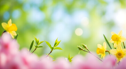 Yellow daffodils and pink flowers in a blurred garden
