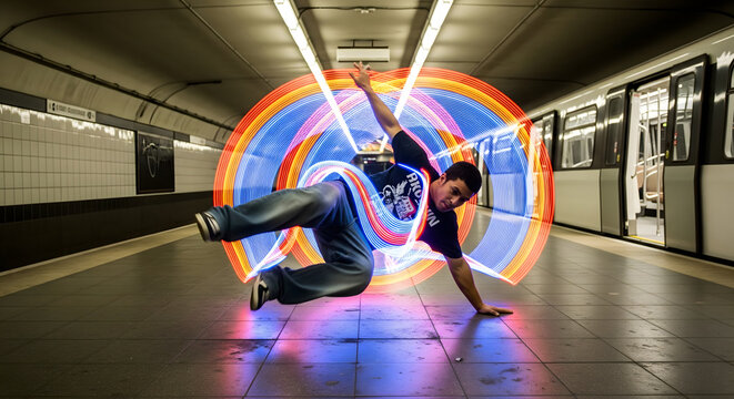 Urban Acrobatics: A Breakdancer's Light Trail in the Subway , Kinetic Energy: A Breakdancer's Motion Captured in a Subway Station - Powered by Adobe