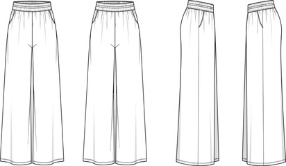 Wide leg pants flat sketch, fashion CAD technical drawing, vector apparel template with elastic waistband, drawstring, side pockets, relaxed fit illustration © Asif's Creatives