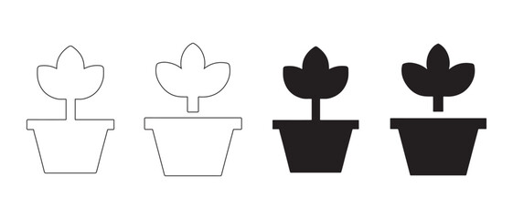 Potted plant icon set. in black and white isolated on white background, vector.