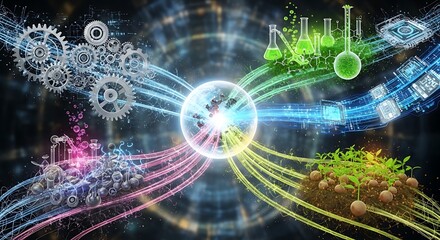 Conceptual technology convergence showcasing interconnected systems and sustainable growth