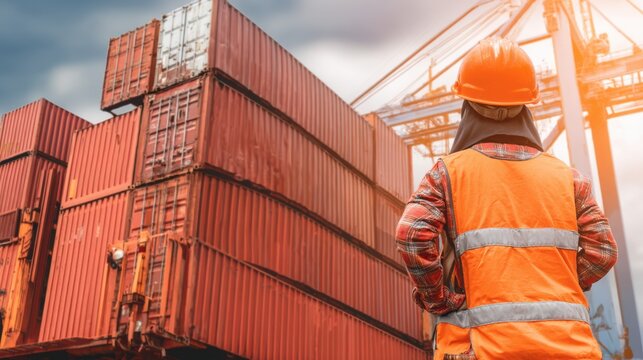 Shipping operations cargo handling port facility industrial scene dramatic sky worker perspective logistics management - Powered by Adobe