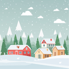 Obraz premium Snow falling over small winter village