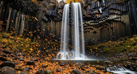 Dramatic waterfall in basalt canyon with autumn leaves