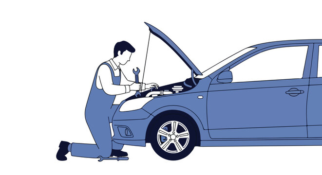 Dedicated mechanic repairing a car engine with meticulous attention to detail, symbolizing expertise and automotive care performing repair work