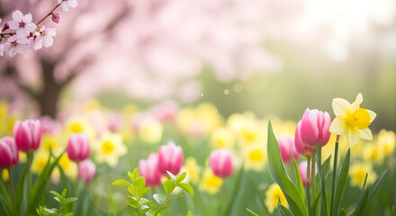 A field of tulips and daffodils under a cherry blossom