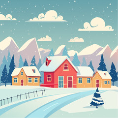 Snow falling over small winter village