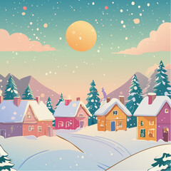 Fototapeta premium Snow falling over small winter village