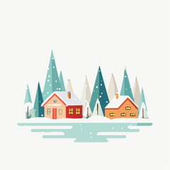 Snow falling over small winter village