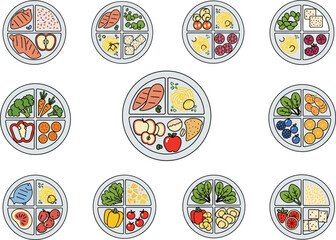 Balanced Meal Plates Vector Icons Set – Protein, Carbohydrates, and Vegetables for Healthy Eating and Nutrition Illustration